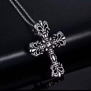 Fleur de Lis Cross Pendant Necklace Titanium Steel Gothic Biker Jewelry 22in New
